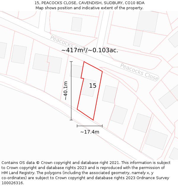 15, PEACOCKS CLOSE, CAVENDISH, SUDBURY, CO10 8DA: Plot and title map