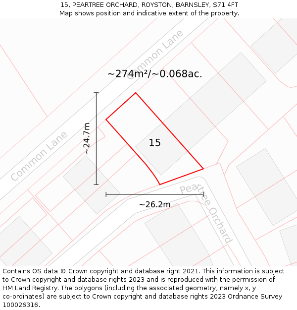 15, PEARTREE ORCHARD, ROYSTON, BARNSLEY, S71 4FT: Plot and title map