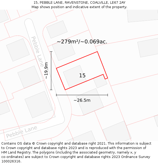 15, PEBBLE LANE, RAVENSTONE, COALVILLE, LE67 2AY: Plot and title map