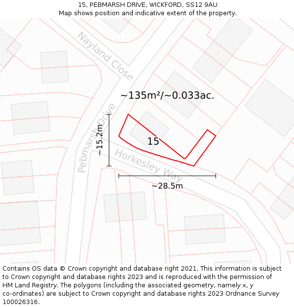 15, PEBMARSH DRIVE, WICKFORD, SS12 9AU: Plot and title map