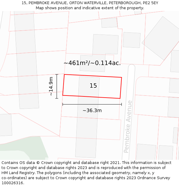 15, PEMBROKE AVENUE, ORTON WATERVILLE, PETERBOROUGH, PE2 5EY: Plot and title map