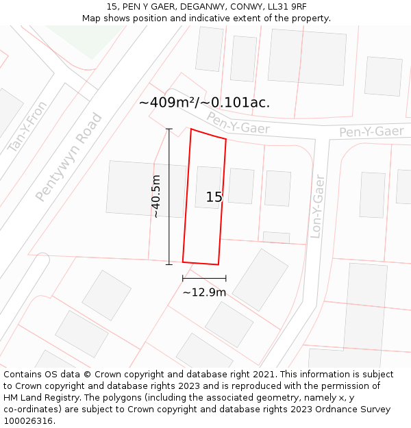 15, PEN Y GAER, DEGANWY, CONWY, LL31 9RF: Plot and title map