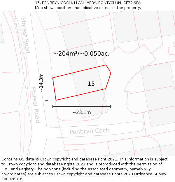 15, PENBRYN COCH, LLANHARRY, PONTYCLUN, CF72 9FA: Plot and title map