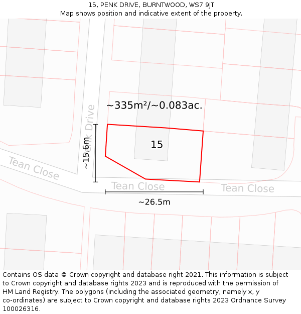 15, PENK DRIVE, BURNTWOOD, WS7 9JT: Plot and title map