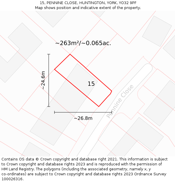 15, PENNINE CLOSE, HUNTINGTON, YORK, YO32 9PF: Plot and title map
