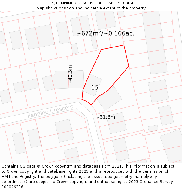 15, PENNINE CRESCENT, REDCAR, TS10 4AE: Plot and title map