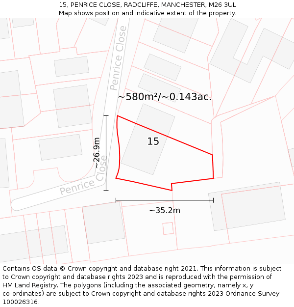 15, PENRICE CLOSE, RADCLIFFE, MANCHESTER, M26 3UL: Plot and title map