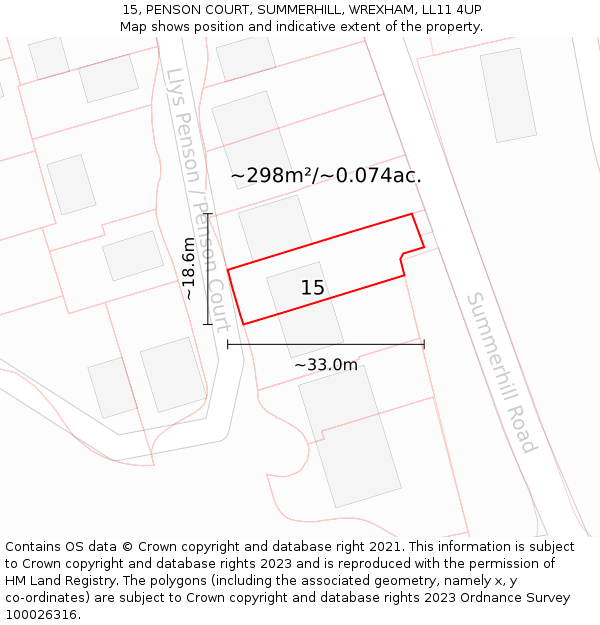 15, PENSON COURT, SUMMERHILL, WREXHAM, LL11 4UP: Plot and title map