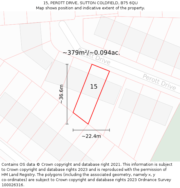 15, PEROTT DRIVE, SUTTON COLDFIELD, B75 6QU: Plot and title map