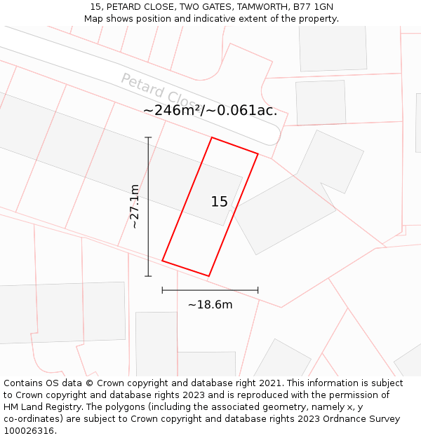 15, PETARD CLOSE, TWO GATES, TAMWORTH, B77 1GN: Plot and title map