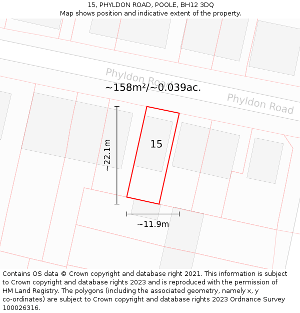 15, PHYLDON ROAD, POOLE, BH12 3DQ: Plot and title map