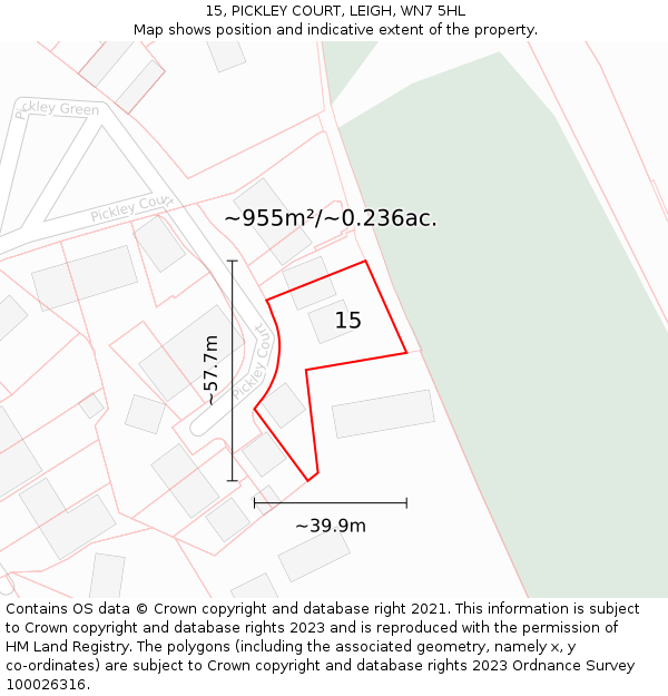 15, PICKLEY COURT, LEIGH, WN7 5HL: Plot and title map