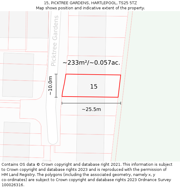 15, PICKTREE GARDENS, HARTLEPOOL, TS25 5TZ: Plot and title map
