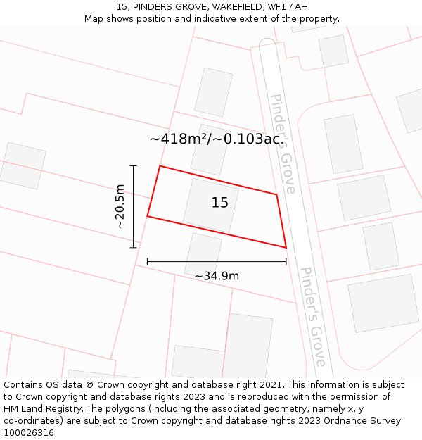 15, PINDERS GROVE, WAKEFIELD, WF1 4AH: Plot and title map