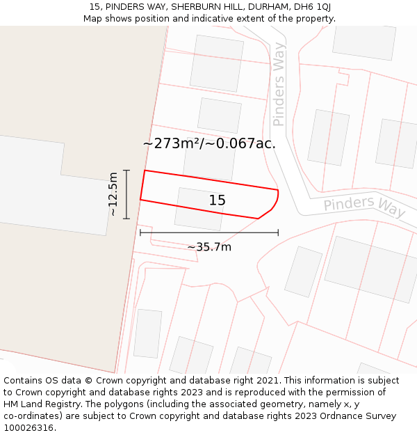 15, PINDERS WAY, SHERBURN HILL, DURHAM, DH6 1QJ: Plot and title map