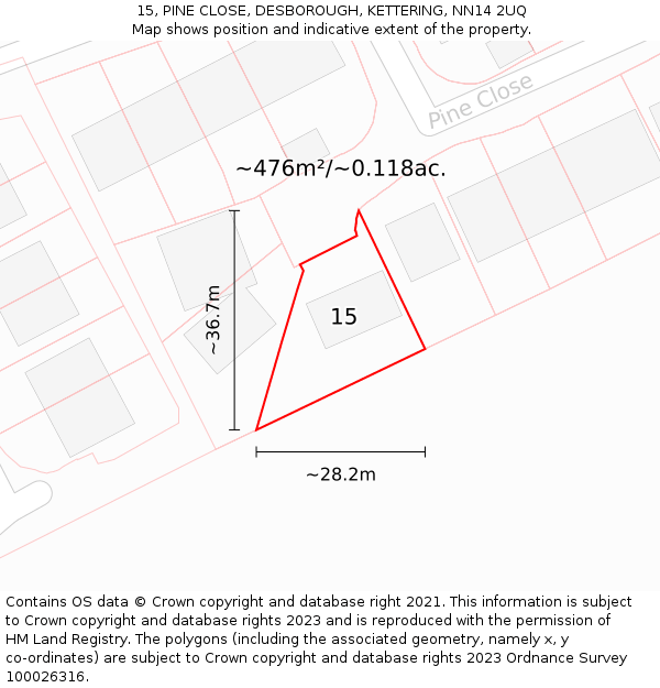 15, PINE CLOSE, DESBOROUGH, KETTERING, NN14 2UQ: Plot and title map