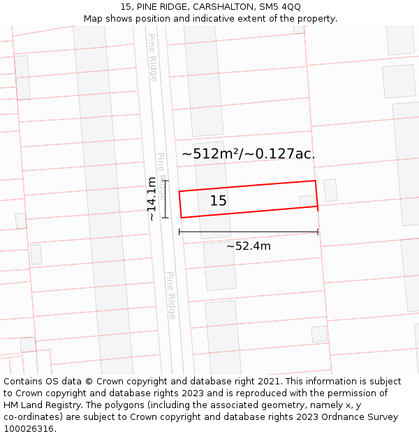 15, PINE RIDGE, CARSHALTON, SM5 4QQ: Plot and title map