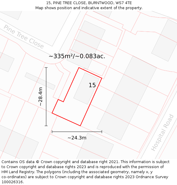 15, PINE TREE CLOSE, BURNTWOOD, WS7 4TE: Plot and title map