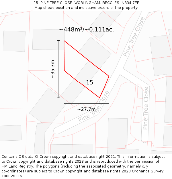 15, PINE TREE CLOSE, WORLINGHAM, BECCLES, NR34 7EE: Plot and title map