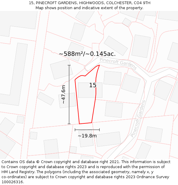 15, PINECROFT GARDENS, HIGHWOODS, COLCHESTER, CO4 9TH: Plot and title map