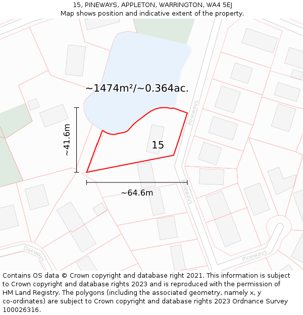 15, PINEWAYS, APPLETON, WARRINGTON, WA4 5EJ: Plot and title map