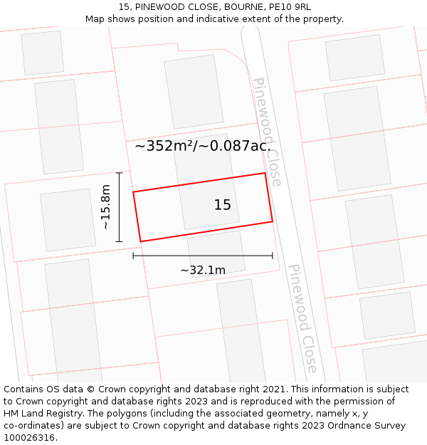 15, PINEWOOD CLOSE, BOURNE, PE10 9RL: Plot and title map