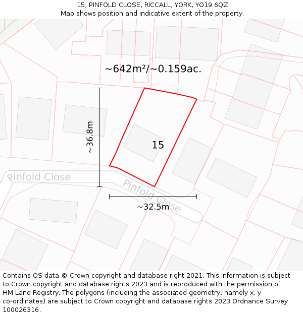 15, PINFOLD CLOSE, RICCALL, YORK, YO19 6QZ: Plot and title map