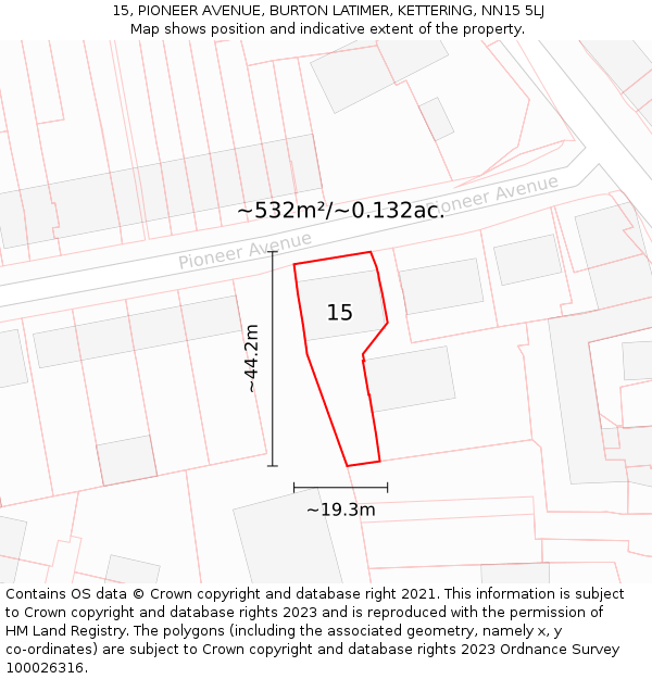15, PIONEER AVENUE, BURTON LATIMER, KETTERING, NN15 5LJ: Plot and title map