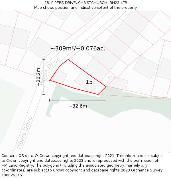 15, PIPERS DRIVE, CHRISTCHURCH, BH23 4TR: Plot and title map