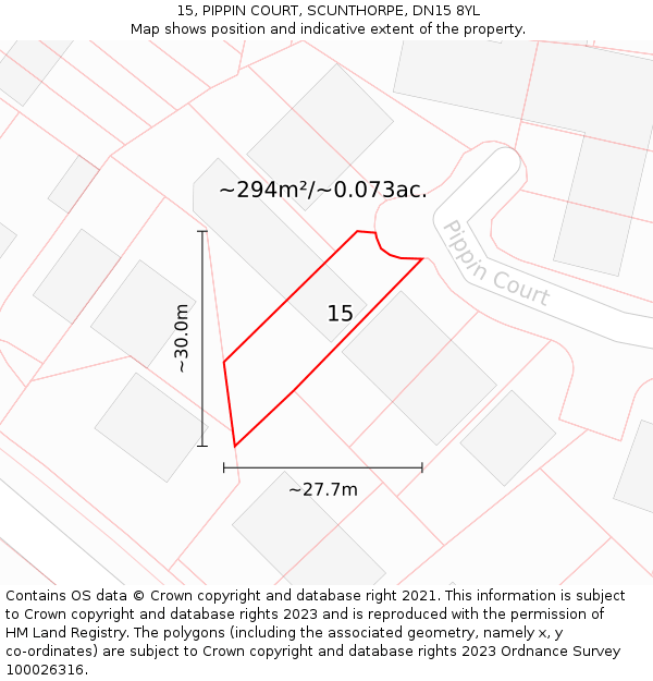 15, PIPPIN COURT, SCUNTHORPE, DN15 8YL: Plot and title map