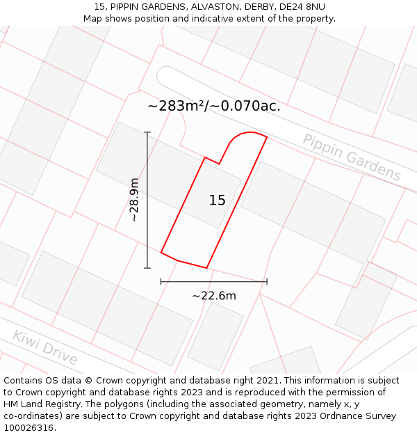 15, PIPPIN GARDENS, ALVASTON, DERBY, DE24 8NU: Plot and title map