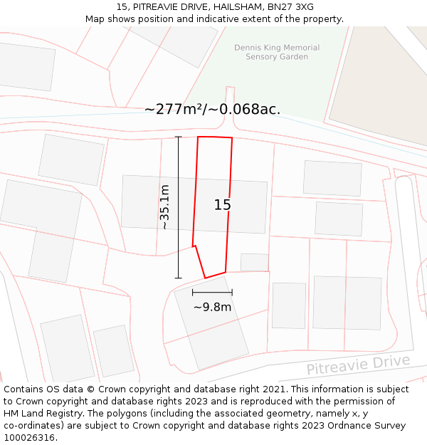 15, PITREAVIE DRIVE, HAILSHAM, BN27 3XG: Plot and title map