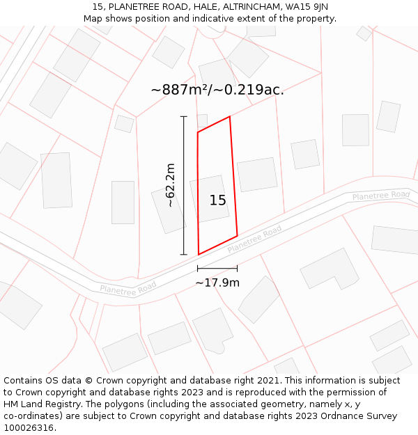 15, PLANETREE ROAD, HALE, ALTRINCHAM, WA15 9JN: Plot and title map
