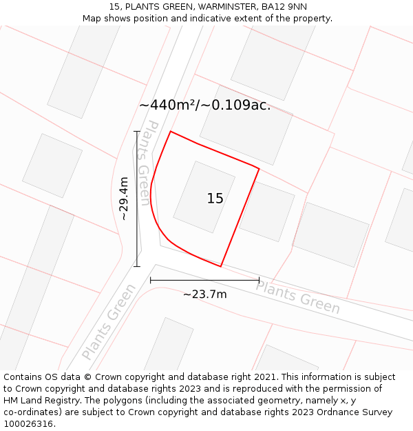 15, PLANTS GREEN, WARMINSTER, BA12 9NN: Plot and title map