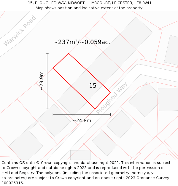15, PLOUGHED WAY, KIBWORTH HARCOURT, LEICESTER, LE8 0WH: Plot and title map