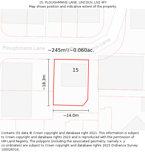 15, PLOUGHMANS LANE, LINCOLN, LN2 4FY: Plot and title map