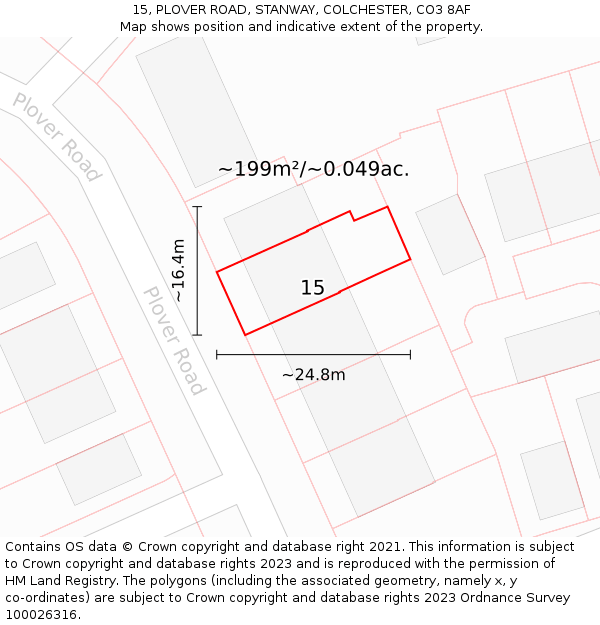 15, PLOVER ROAD, STANWAY, COLCHESTER, CO3 8AF: Plot and title map