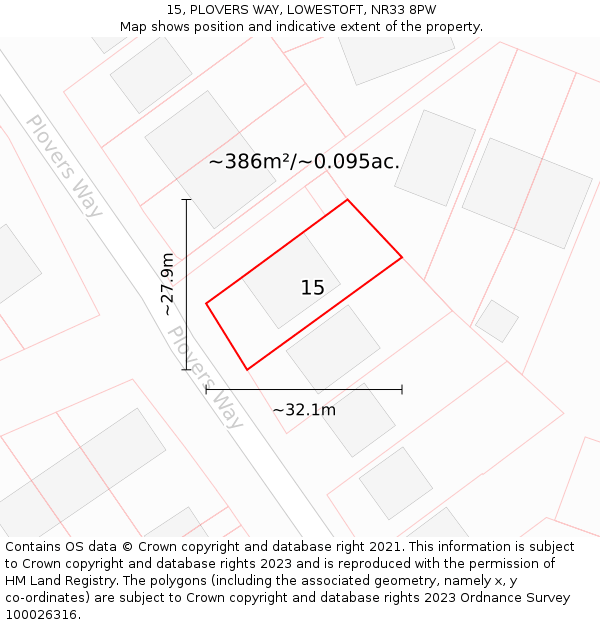 15, PLOVERS WAY, LOWESTOFT, NR33 8PW: Plot and title map