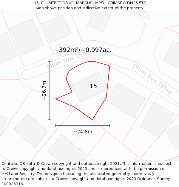 15, PLUMTREE DRIVE, MARSHCHAPEL, GRIMSBY, DN36 5TS: Plot and title map