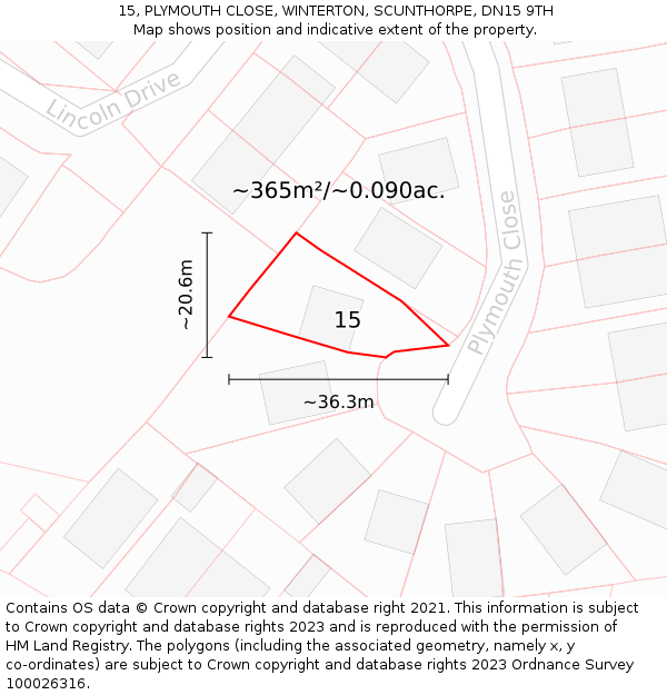 15, PLYMOUTH CLOSE, WINTERTON, SCUNTHORPE, DN15 9TH: Plot and title map