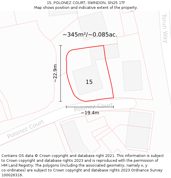 15, POLONEZ COURT, SWINDON, SN25 1TF: Plot and title map