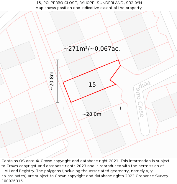 15, POLPERRO CLOSE, RYHOPE, SUNDERLAND, SR2 0YN: Plot and title map