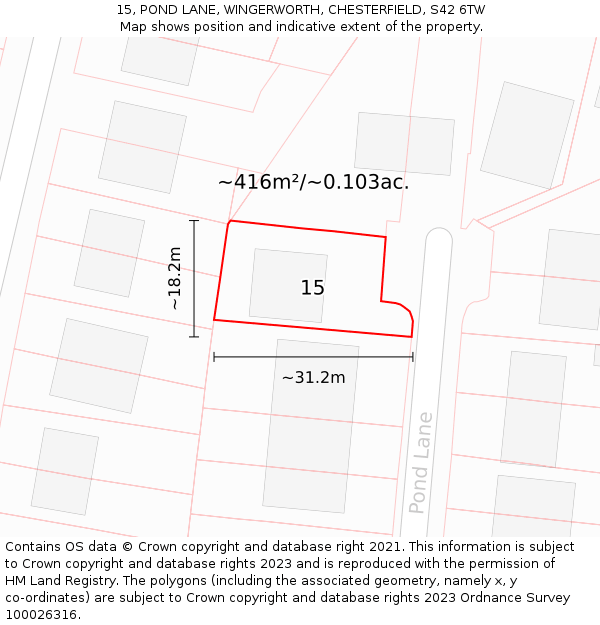 15, POND LANE, WINGERWORTH, CHESTERFIELD, S42 6TW: Plot and title map