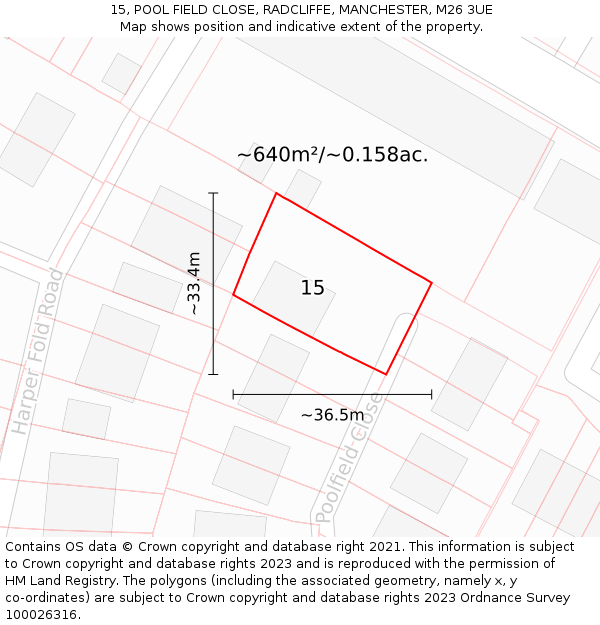 15, POOL FIELD CLOSE, RADCLIFFE, MANCHESTER, M26 3UE: Plot and title map