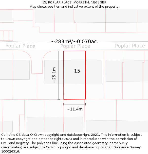 15, POPLAR PLACE, MORPETH, NE61 3BR: Plot and title map