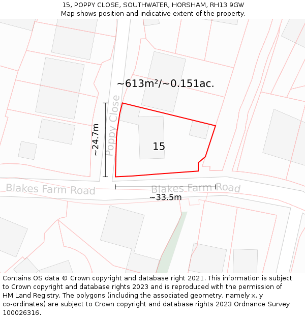 15, POPPY CLOSE, SOUTHWATER, HORSHAM, RH13 9GW: Plot and title map