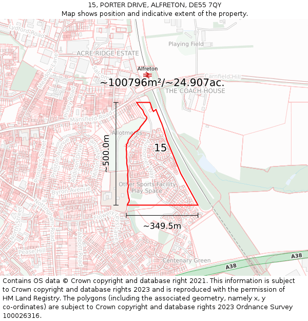 15, PORTER DRIVE, ALFRETON, DE55 7QY: Plot and title map