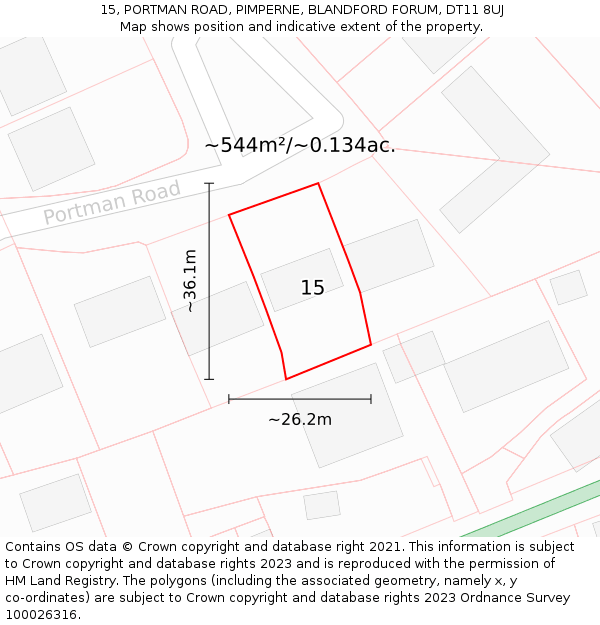 15, PORTMAN ROAD, PIMPERNE, BLANDFORD FORUM, DT11 8UJ: Plot and title map