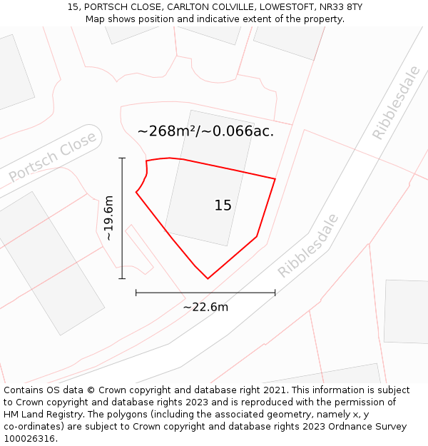 15, PORTSCH CLOSE, CARLTON COLVILLE, LOWESTOFT, NR33 8TY: Plot and title map