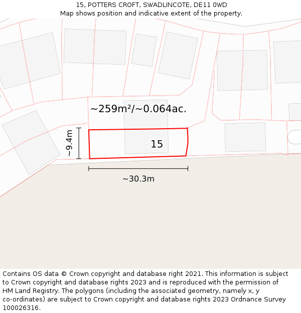 15, POTTERS CROFT, SWADLINCOTE, DE11 0WD: Plot and title map